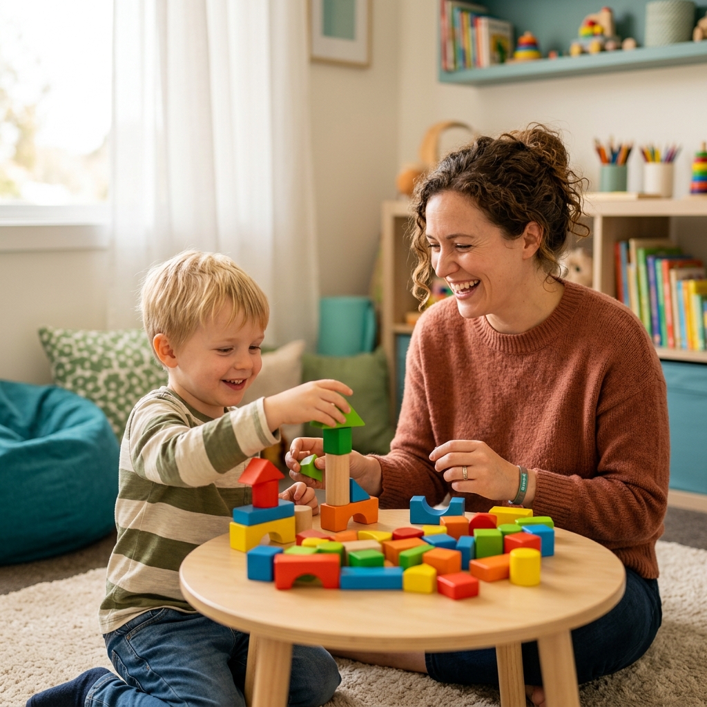 Warm therapy session between kind specialist and smiling child