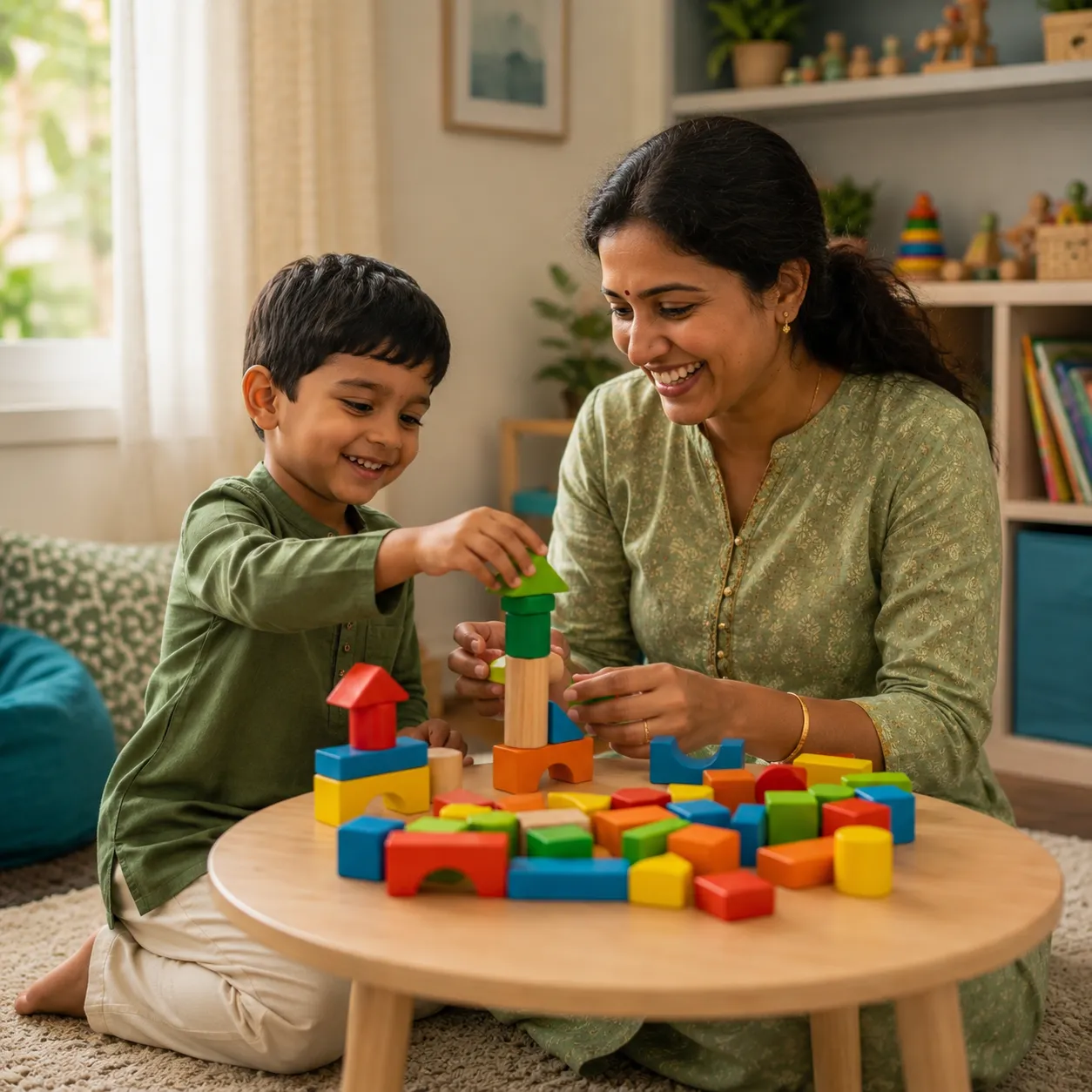 Warm therapy session between kind specialist and smiling child
